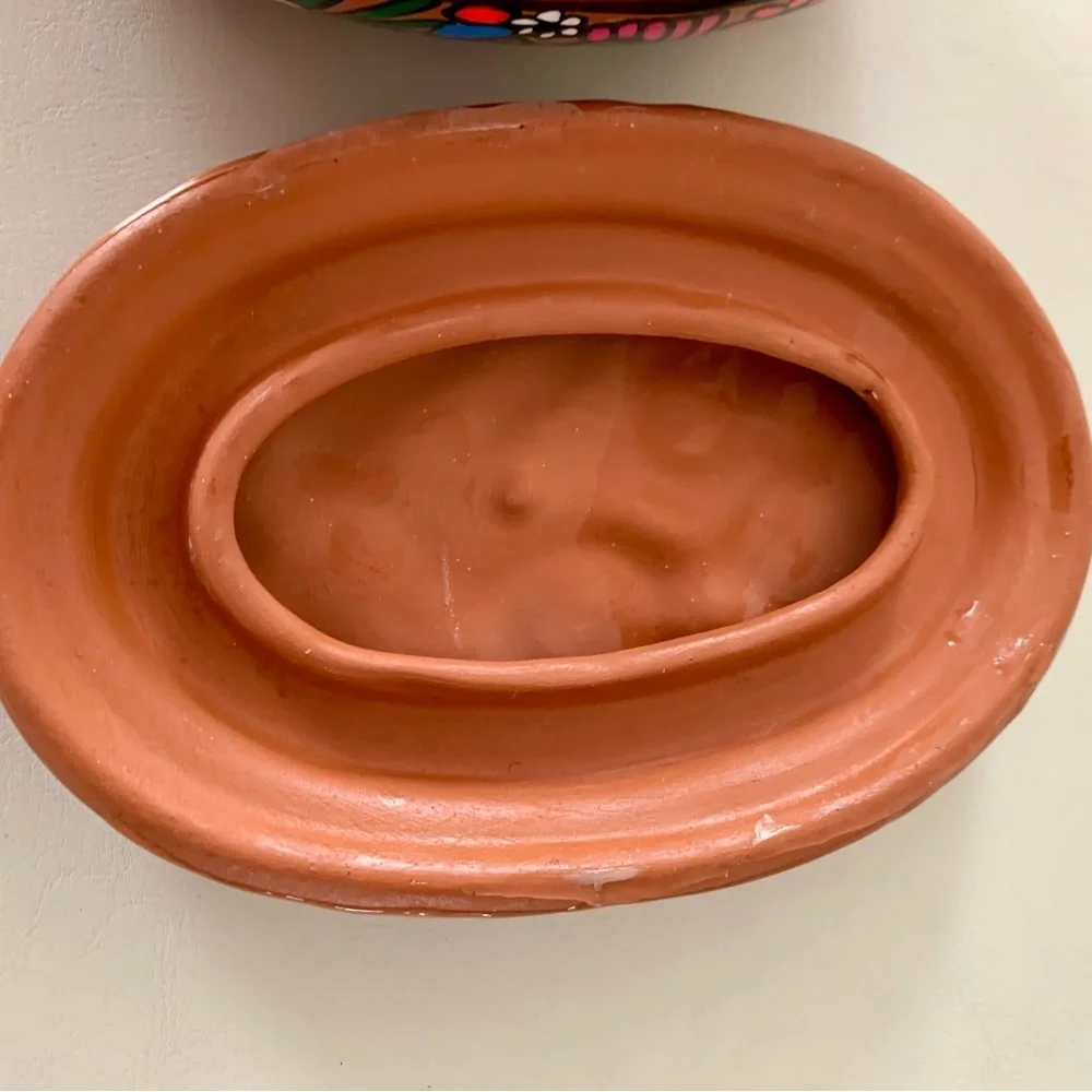 HAND PAINTED MEXICAN RED CLAY POTTERY FOLK ART OBLONG BOX CALLA LILY
